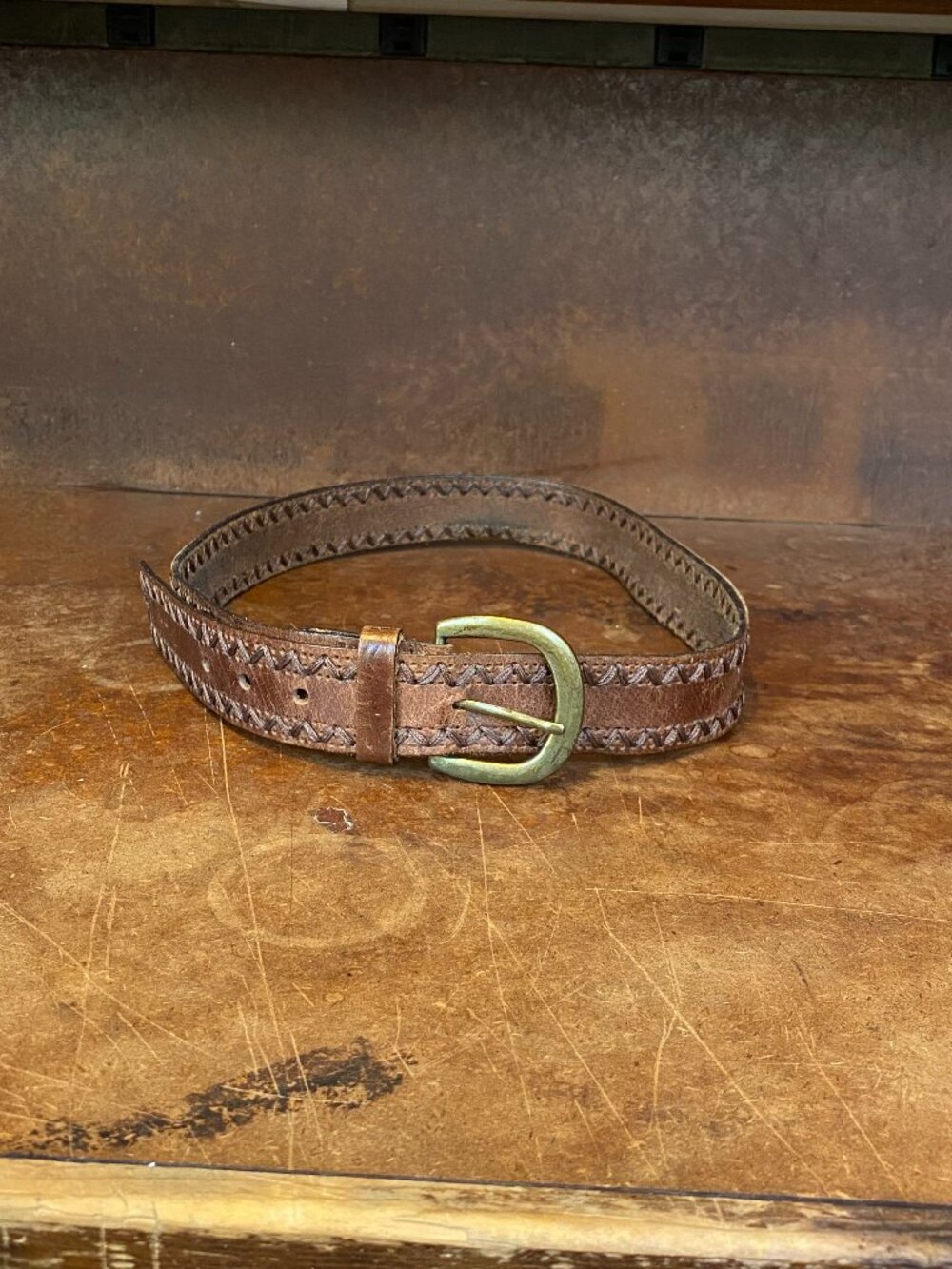 Vintage Distressed Brown Leather Belt Whiplash Stitching Detailed Western 35